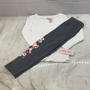 Little Lass Charcoal and Pink Floral Leggings with White ribbed top NWT